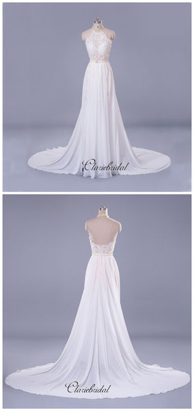 Halter Lace Bridal Wedding Dresses, Beaded A-line Elegant Wedding Dresses