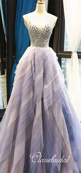 Spaghetti Long A-line Purple Beaded Prom Dresses, Lovely Long Prom Dresses, New Arrival Prom Dresses