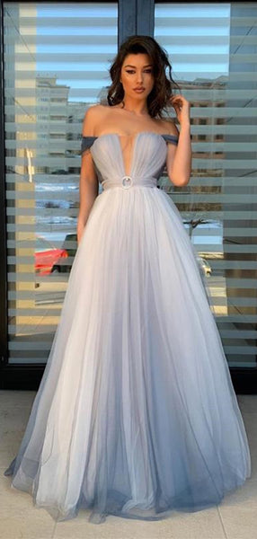 Off The Shoulder A Line Tulle Prom Dresses, 2021 V Neck Evening Party Girl Dresses