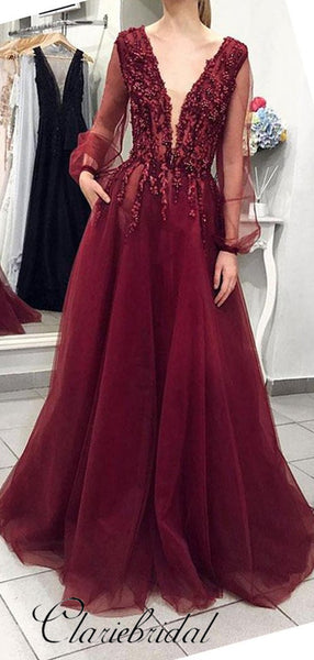 V-neck Burgundy Tulle Beaded Prom Dresses, Long Sleeves Prom Dresses, Prom Dresses