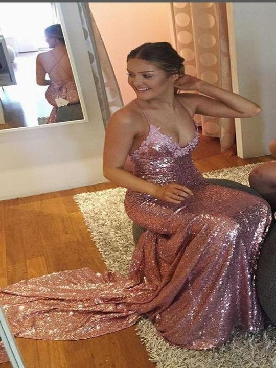 Cross Back Pink Sequin Mermaid Prom Dresses, Appliques Prom Dresses, Prom Dresses