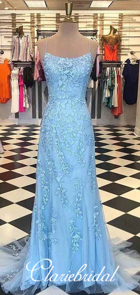Spaghetti Long Sheath Light Blue Lace Prom Dresses, Long Prom Dresses, Prom Dresses