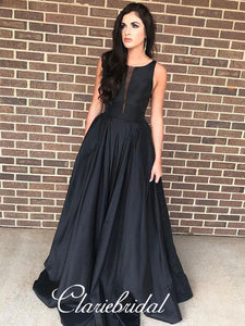 Black Satin A-line Prom Dresses, Long Prom Dresses, Popular Prom Dresses