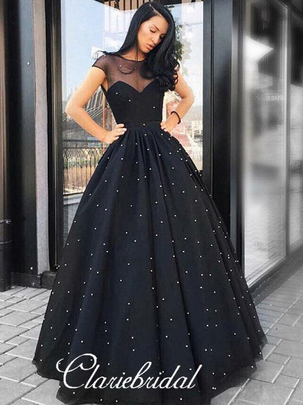 Illusion Cap Sleeves Black Tulle Beaded Prom Dresses, Long Prom Dresses, Prom Dresses