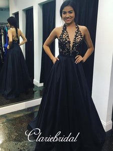Halter Black Lace Satin Prom Dresses, Popular Prom Dresses, Long Prom Dresses