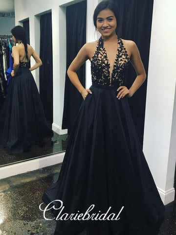 Halter Black Lace Satin Prom Dresses, Popular Prom Dresses, Long Prom Dresses