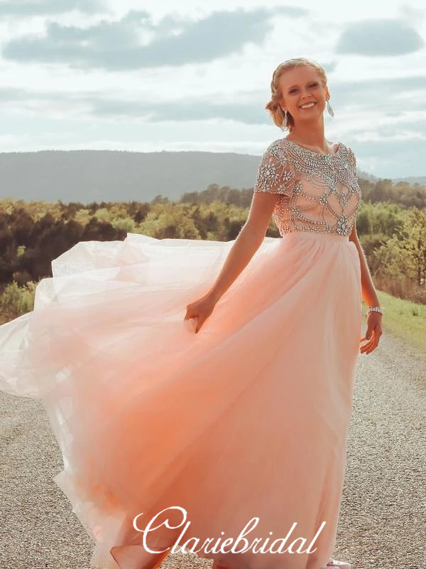Short Sleeves Long Prom Dresses, Peach Tulle Rhinestone Beaded Prom Dresses, Long Prom Dresses
