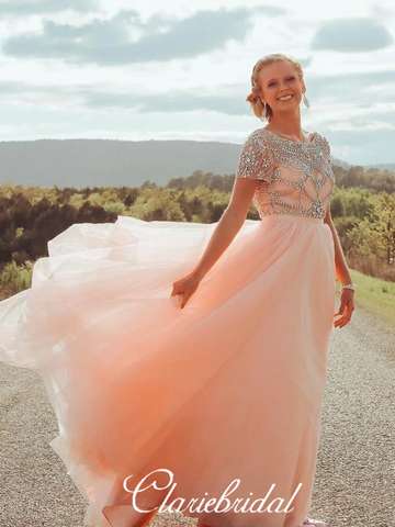 Short Sleeves Long Prom Dresses, Peach Tulle Rhinestone Beaded Prom Dresses, Long Prom Dresses