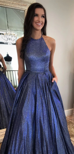 Halter Navy Shemmering Fabric Long A-line Prom Dresses, Shiny Prom Dresses, Popular Prom Dresses