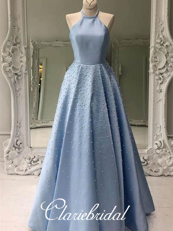 Halter Long A-line Beaded Prom Dresses With Pearls