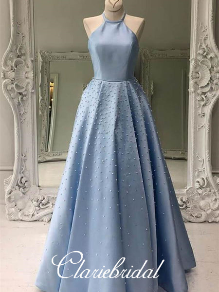 Halter Long A-line Beaded Prom Dresses With Pearls