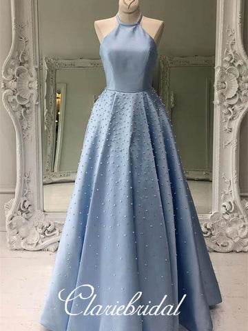 Halter Long A-line Beaded Prom Dresses With Pearls