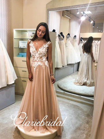 V-neck Lace Appliques A-line Champagne Prom Dresses, Long Prom Dresses