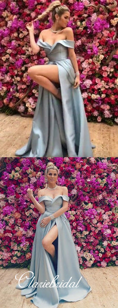 Light Blue Off Shoulder A-line Prom Dresses, Side Slit Prom Dresses, Prom Dresses