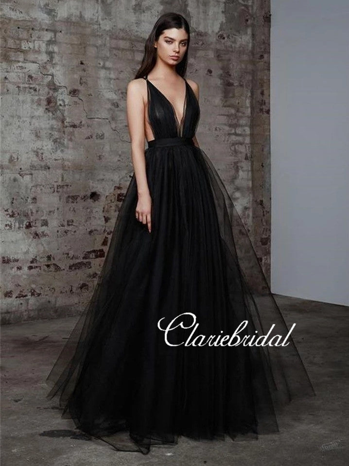 Deep V-neck Black Tulle Prom Dresses, Long A-line Prom Dresses, Chic Prom Dresses