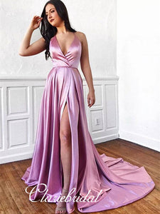 V-neck Long A-line Elastic Satin Prom Dresses, Side Slit Prom Dresses, Prom Dresses