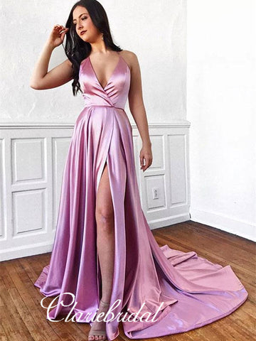 V-neck Long A-line Elastic Satin Prom Dresses, Side Slit Prom Dresses, Prom Dresses