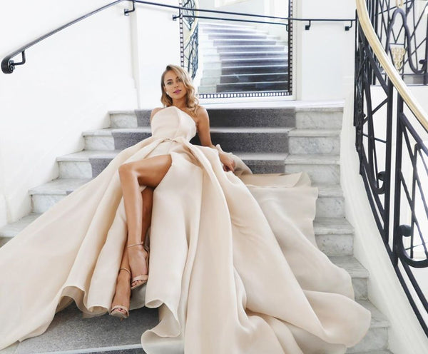 Strapless Unique Design Long Prom Dresses, High Slit Evening Party Dresses, 2021 Prom Dresses