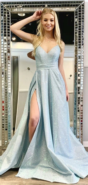 Spaghetti Straps High Side Slit Long Prom Dresses, Shiny Girl Evening Dresses, Graduation Party Dresses