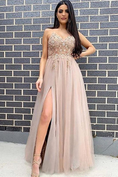 Spaghetti Straps Tulle Long Prom Dresses, 2021 Girl Evening Dresses, Party Dresses