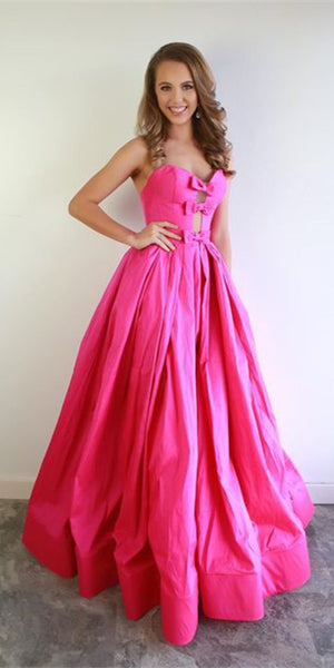 Sweetheart Long A-line Hot Pink Satin Prom Dresses, Simple Prom Dresses, 2021 Prom Dresses, Cheap Prom Dresses