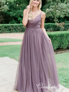 Elegant Long A-line Dusty Purple Tulle Bridesmaid Dresses