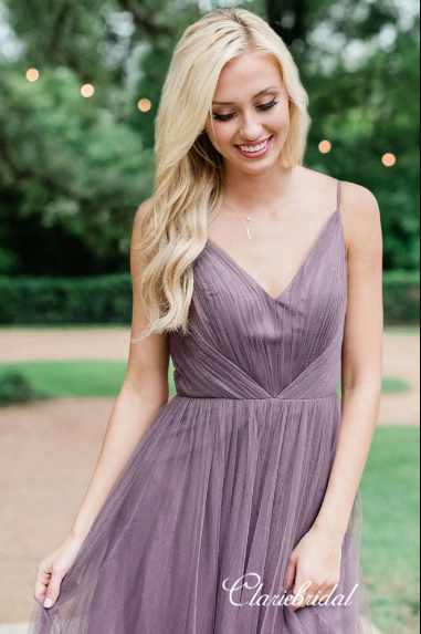 Elegant Long A-line Dusty Purple Tulle Bridesmaid Dresses