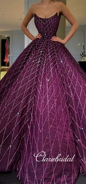 Strapless Long Ball Gown Purple Sequin Tulle Prom Dresses, Lovely Prom Dresses, Long Prom Dresses