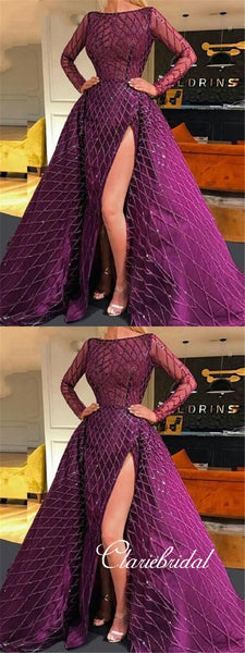 Long Sleeves Purple Sequin Tulle Prom Dresses, Side Slit Prom Dresses, Gorgeous Prom Dresses
