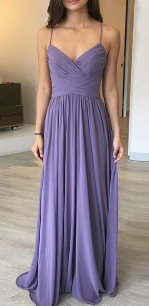 Spaghetti Long A-line Purple Chiffon Bridesmaid Dresses, Long Bridesmaid Dresses