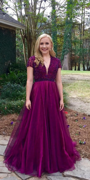 Short Sleeves Prom Dresses, Beaded Prom Dresses, A-line Prom Dresses, Purple Prom Dresses, 2021 Prom Dresses