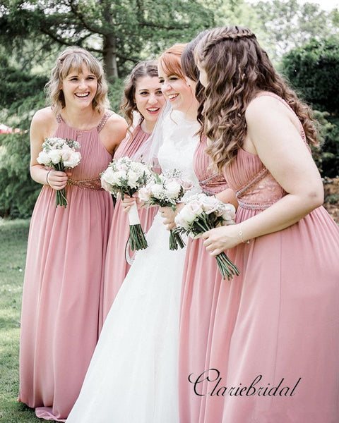 Dusty Rose A-line Beaded Chiffon Long Bridesmaid Dresses