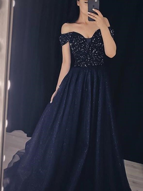 Off Shoulder Long A-line Navy Rhinestone Beaded Prom Dresses, Long Prom Dresses, 2020 Prom Dresses