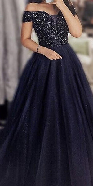 Off Shoulder Long A-line Navy Rhinestone Beaded Prom Dresses, Long Prom Dresses, 2020 Prom Dresses