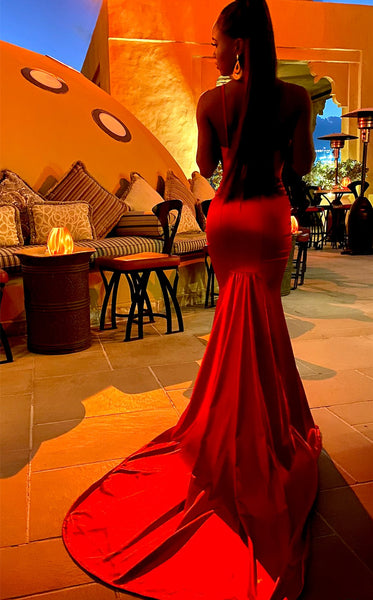 Spaghetti Long Mermaid Red Elastic Satin Prom Dresses, Sexy Front Slit Prom Dresses