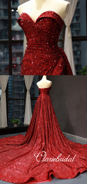 Sweetheart Long Red Sequin Prom Dresses, New 2020 Prom Dresses, Long Prom Dresses