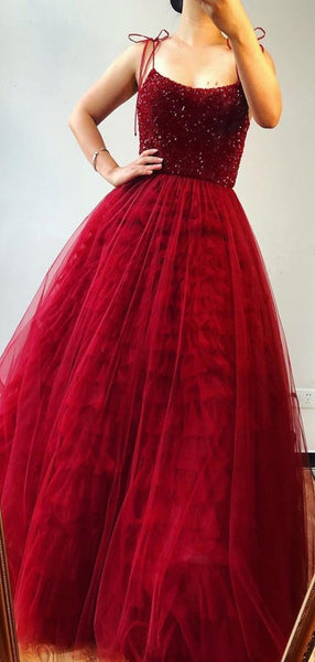 Red Long Prom Dresses, A-line Prom Dresses, Beaded Tulle Prom Dresses, 2020 Prom Dresses
