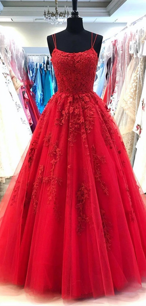 Round Neck Red Lace Tulle Prom Dresses, Lace Up Prom Dresses, Popular 2020 Prom Dresses