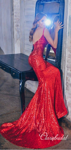 Straps Long Mermaid Red Sequin Prom Dresses, Newest Long Prom Dresses