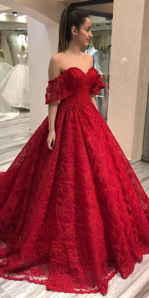 Off Shoulder Long A-line Red Lace Prom Dresses, Formal Dresses, Long Prom Dresses, 2020 Prom Dresses