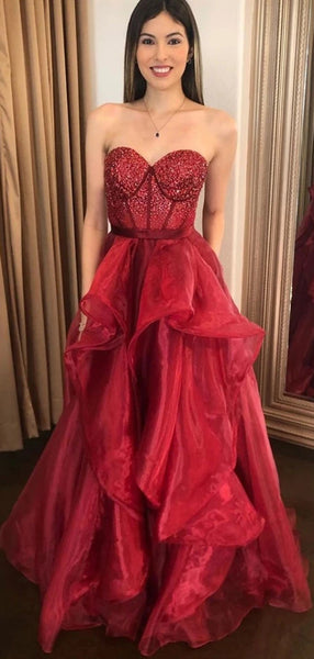 Sweetheart Long Red Organza Beaded Prom Dresses, Popular Prom Dresses, Long Prom Dresses