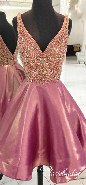 V-neck Rhinestone Short Prom Dresses, Homecoming Dresses