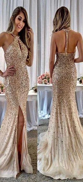 Luxury Rhinestone Beaded Long Mermaid Prom Dresses, Champagne Gold Prom Dresses