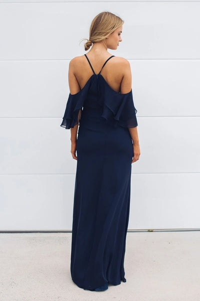 Off Shoulder Navy Chiffon Mermaid Bridesmaid Dresses, Long Bridesmaid Dresses, Newest Bridesmaid Dresses