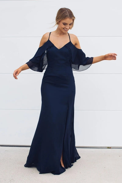 Off Shoulder Navy Chiffon Mermaid Bridesmaid Dresses, Long Bridesmaid Dresses, Newest Bridesmaid Dresses