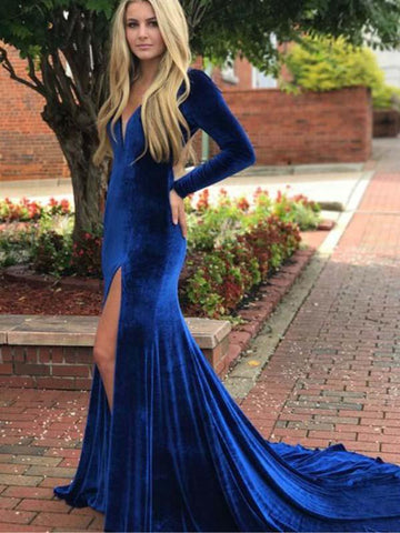 Long Sleeves Velvet Prom Dresses, Royal Blue Open Back Prom Dresses, Prom Dresses