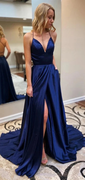 V-neck Royal Blue Side Slit Prom Dresses, Lace Up Prom Dresses, Long Prom Dresses
