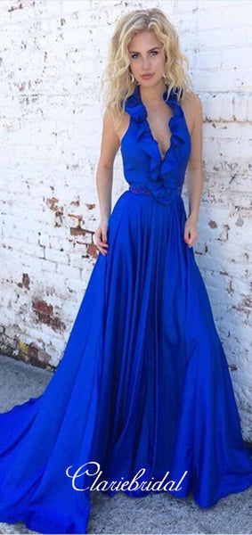 V-neck Long A-line Ruffled Royal Blue Prom Dresses, Elastic Satin Prom Dresses, Beaded Prom Dresses