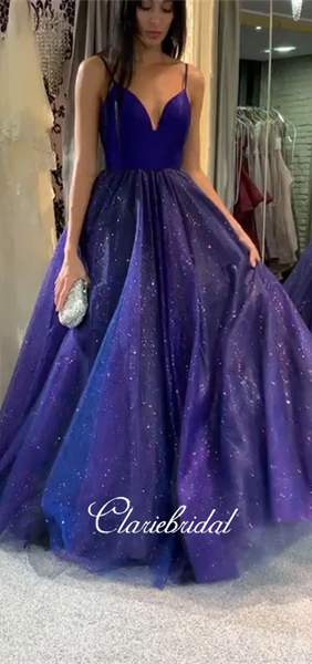 Spaghetti Long A-line Shiny Sequin Prom Dresses, Tulle Prom Dresses, Sparkle Prom Dresses