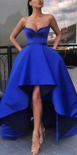 Hi-low Royal Blue Satin Prom Dresses, Affordable Prom Dresses, Long Prom Dresses, 2021 Prom Dresses